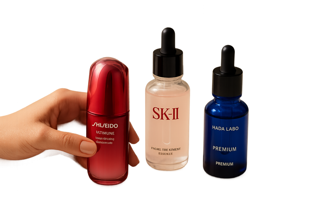 Flatlay of premium Japanese serum bottles including Shiseido Ultimune, SK-II GenOptics and Hada Labo with warm morning light