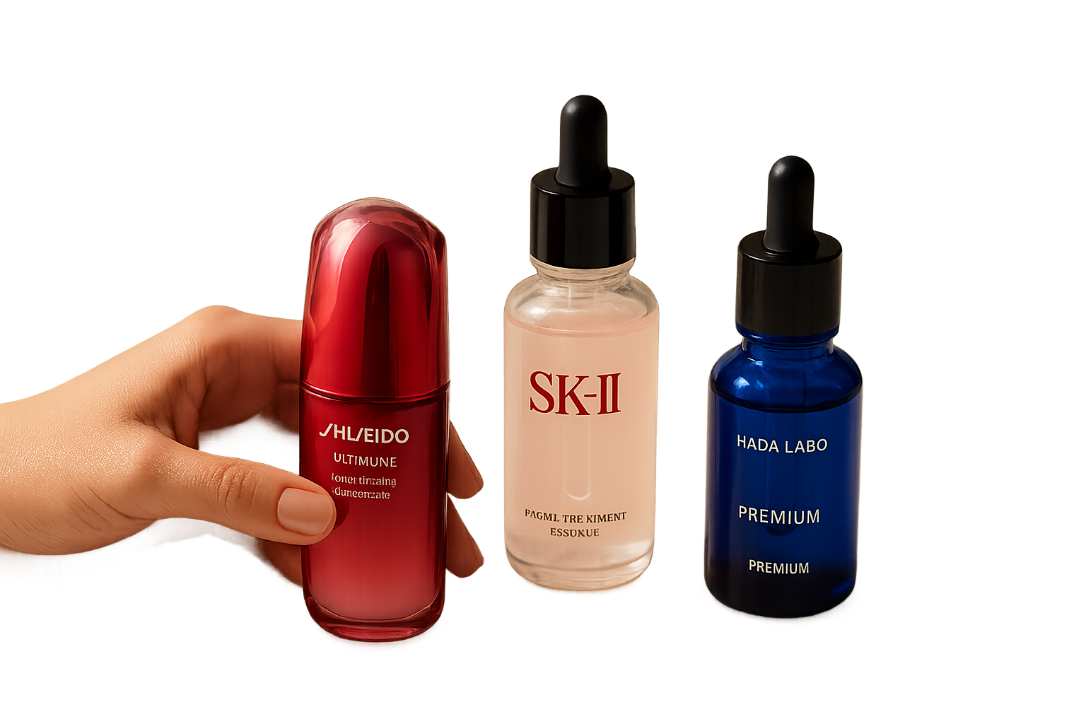 Flatlay of premium Japanese serum bottles including Shiseido Ultimune, SK-II GenOptics and Hada Labo with warm morning light