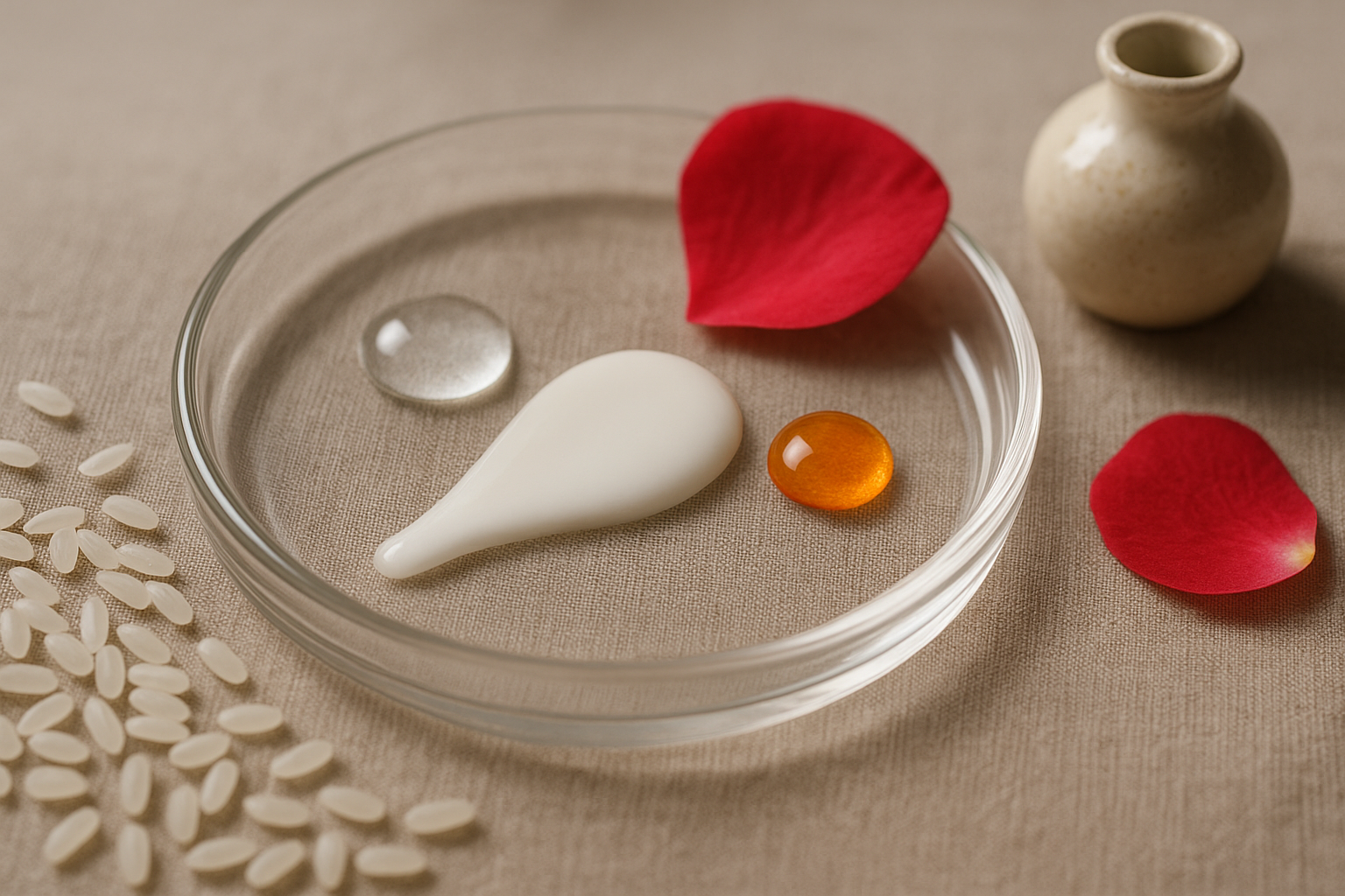 Close-up of serum textures and Japanese botanical ingredients like rice grains and camellia
