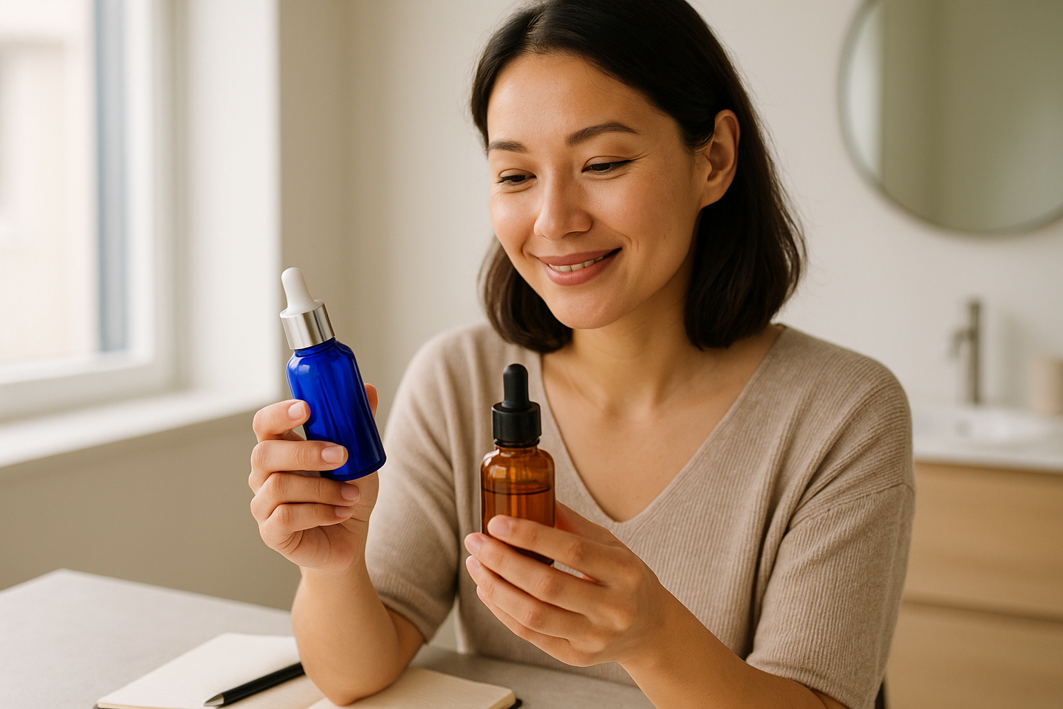 Woman comparing two serum bottles in a minimalist bathroom while taking notes