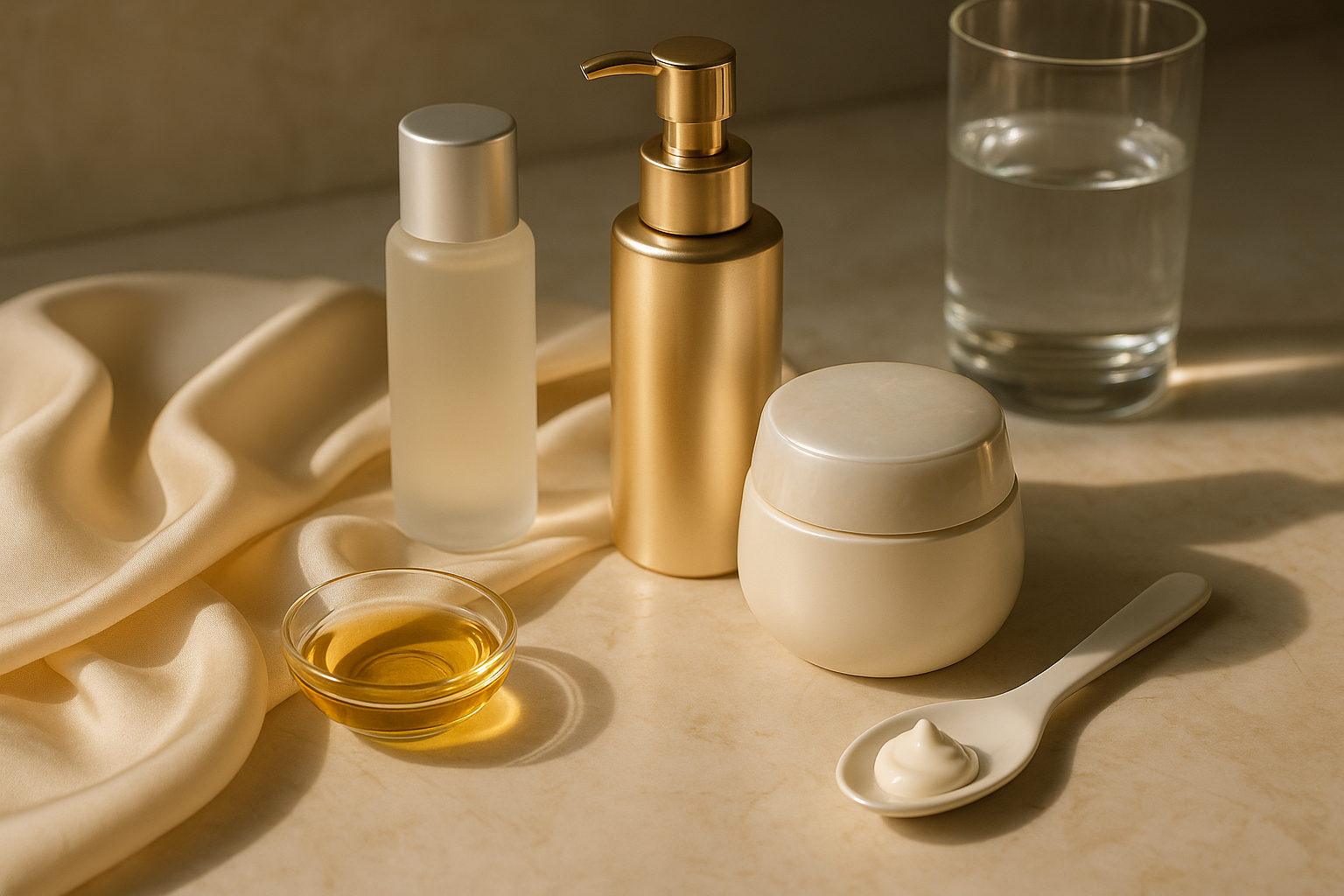 Still life of luxurious Japanese skincare jars and bottles on marble with silk, representing anti‑aging care for women in their 50s