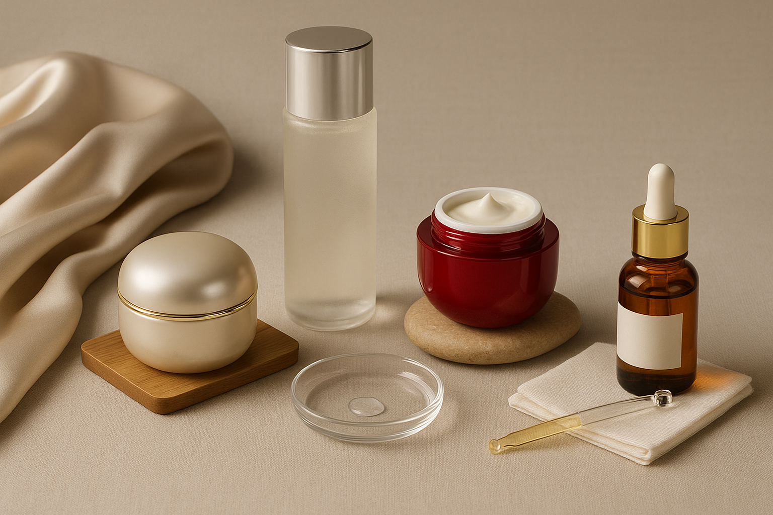 Five unbranded luxury jars and bottles grouped with props that hint at who each formula suits