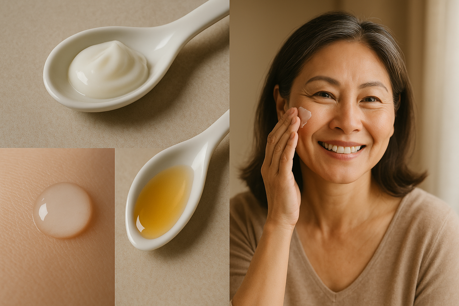 Close‑up comparison: textures and a smiling woman in her 50s applying cream with gentle patting