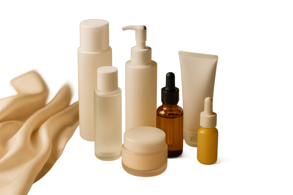 Curated still life of Japanese skincare bottles on marble with natural morning light, elegant and minimal