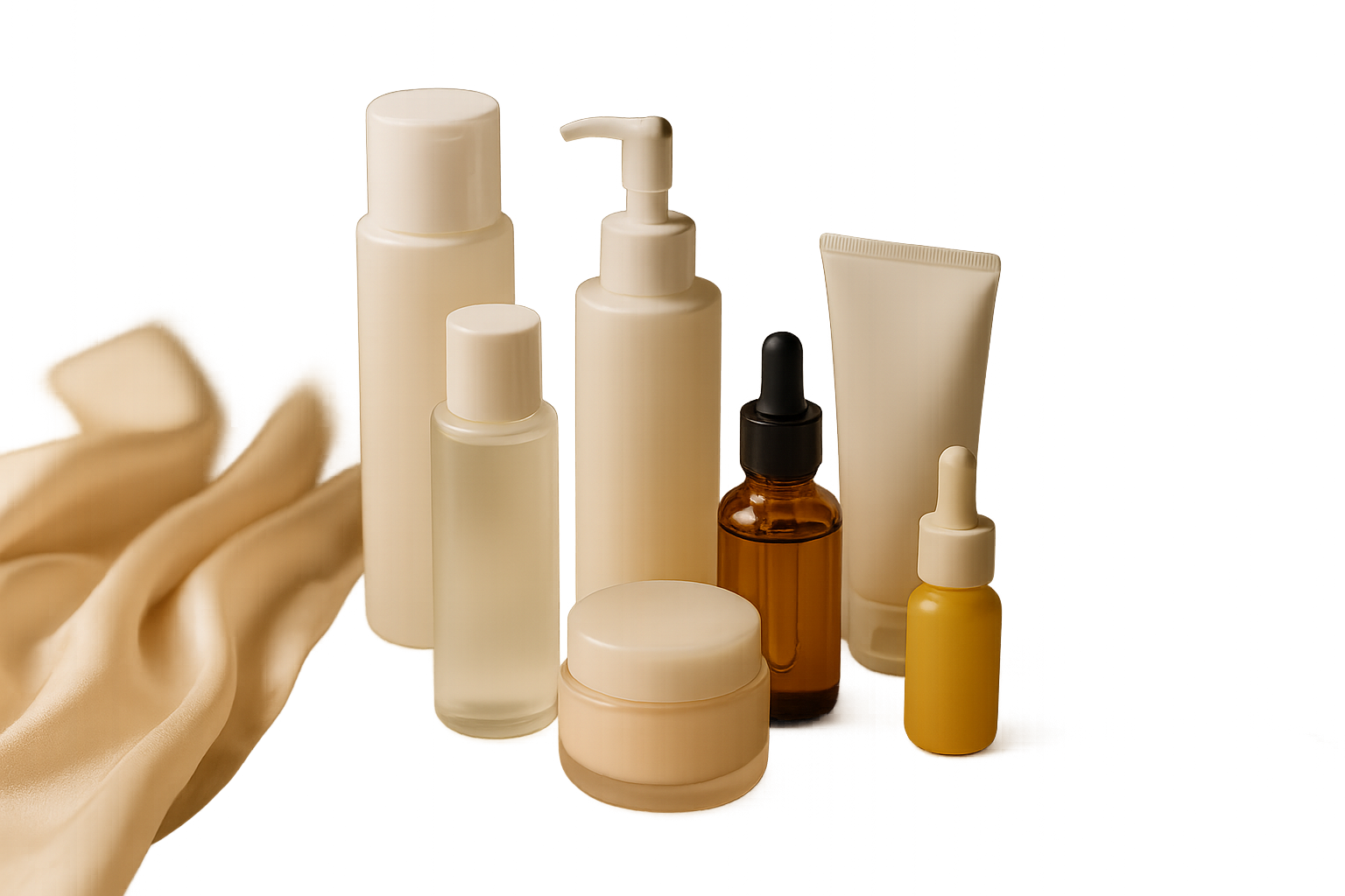 Curated still life of Japanese skincare bottles on marble with natural morning light, elegant and minimal