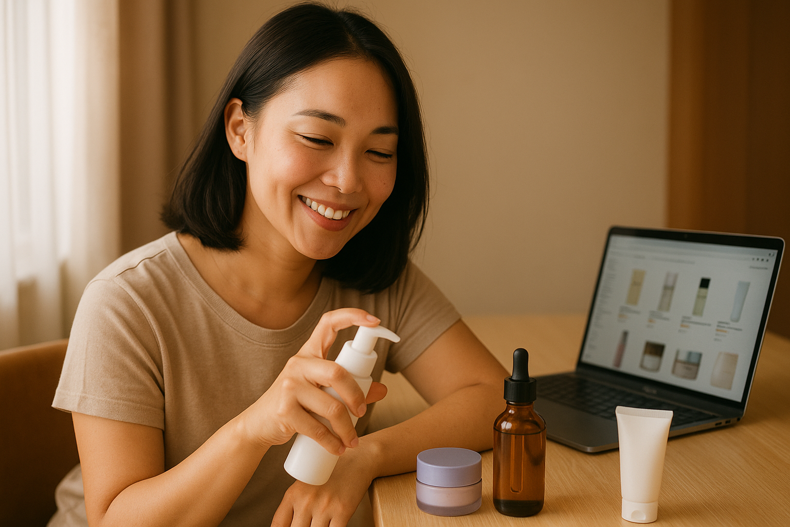 A single woman checking a serum bottle while seated at a vanity with an open laptop showing an e‑commerce page