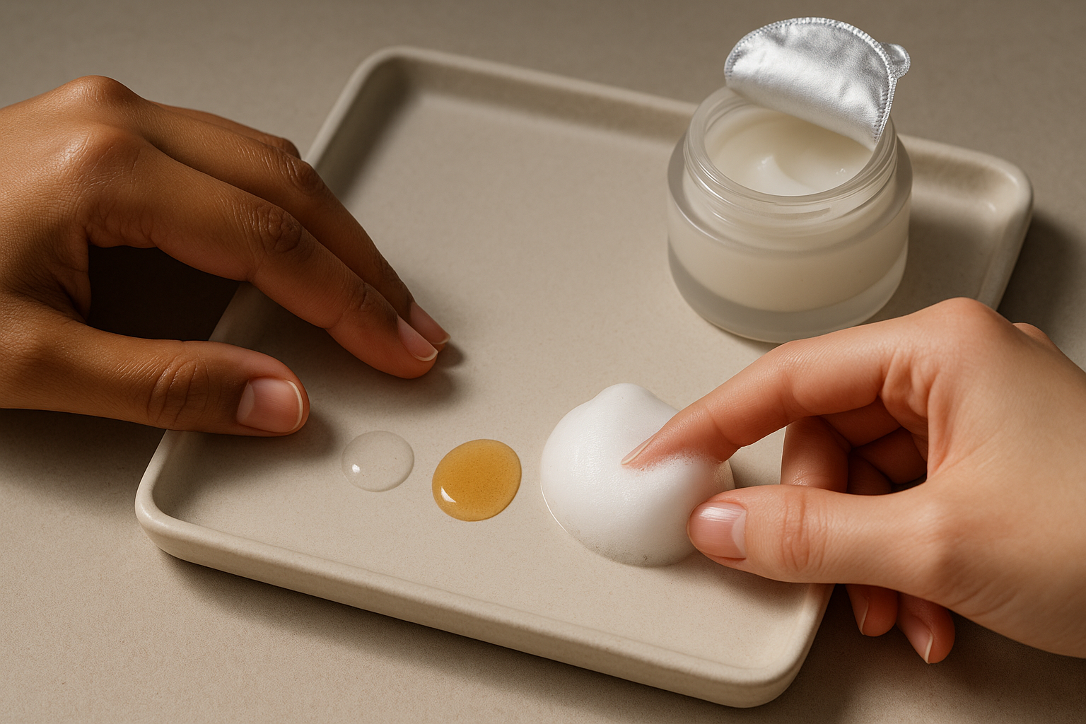 Close‑up of hands showing product textures: a clear watery drop, an oil droplet, and whipped foam on a white ceramic tray