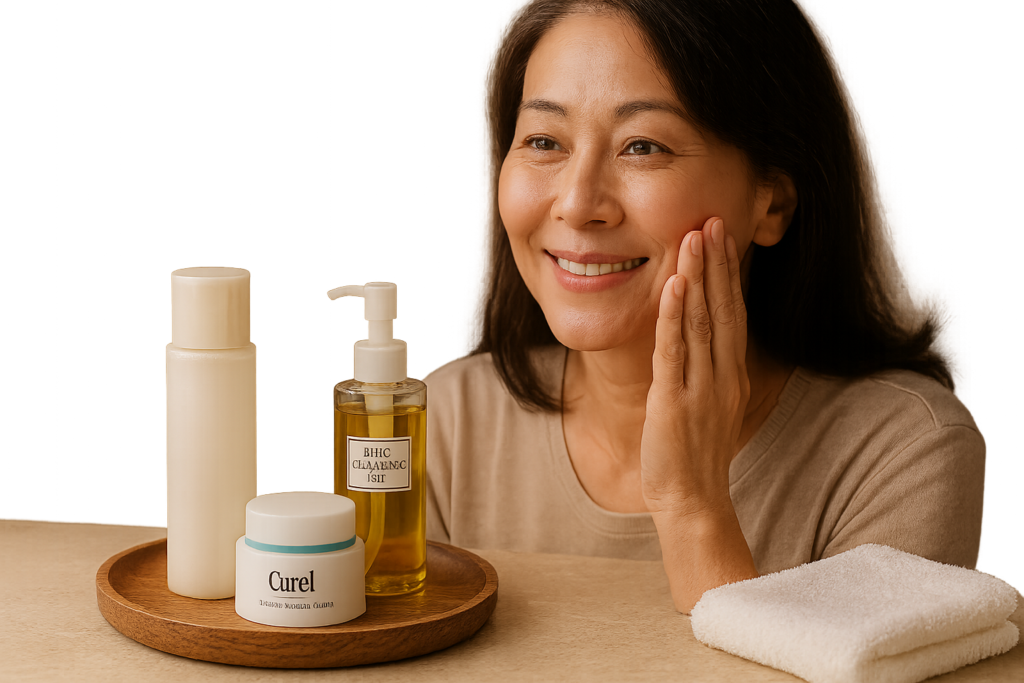 Elegant flat-lay and partial portrait showing Japanese skincare for sensitive 40s skin — Hada Labo bottle, Curel cream jar, DHC oil, soft towel and a smiling woman’s hand