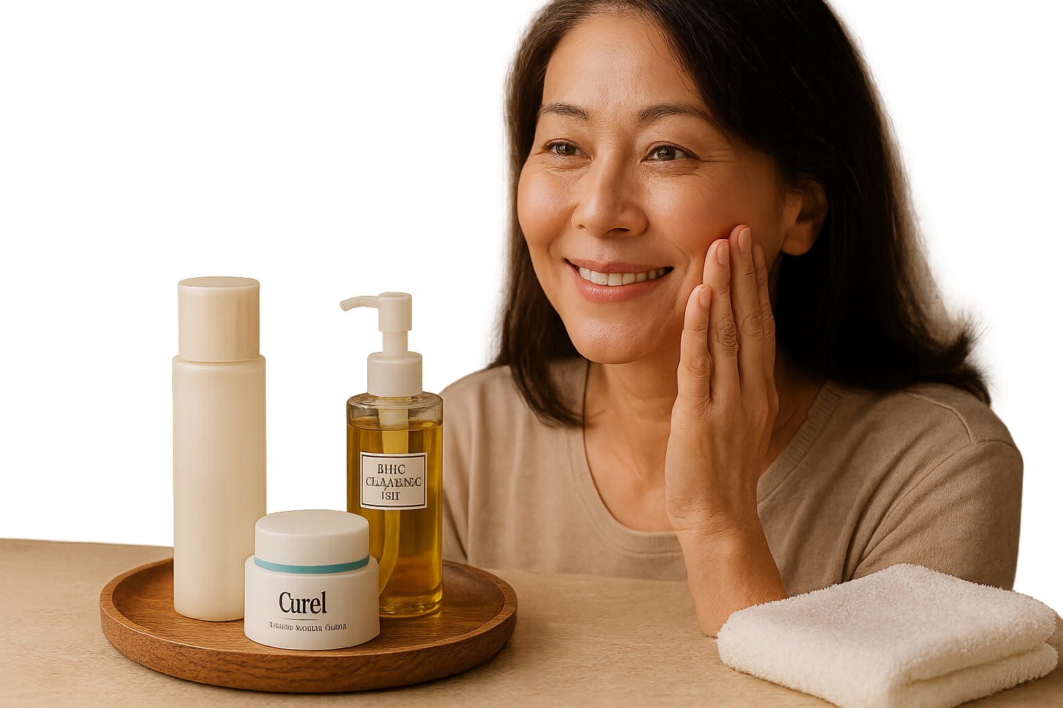 Elegant flat-lay and partial portrait showing Japanese skincare for sensitive 40s skin — Hada Labo bottle, Curel cream jar, DHC oil, soft towel and a smiling woman’s hand