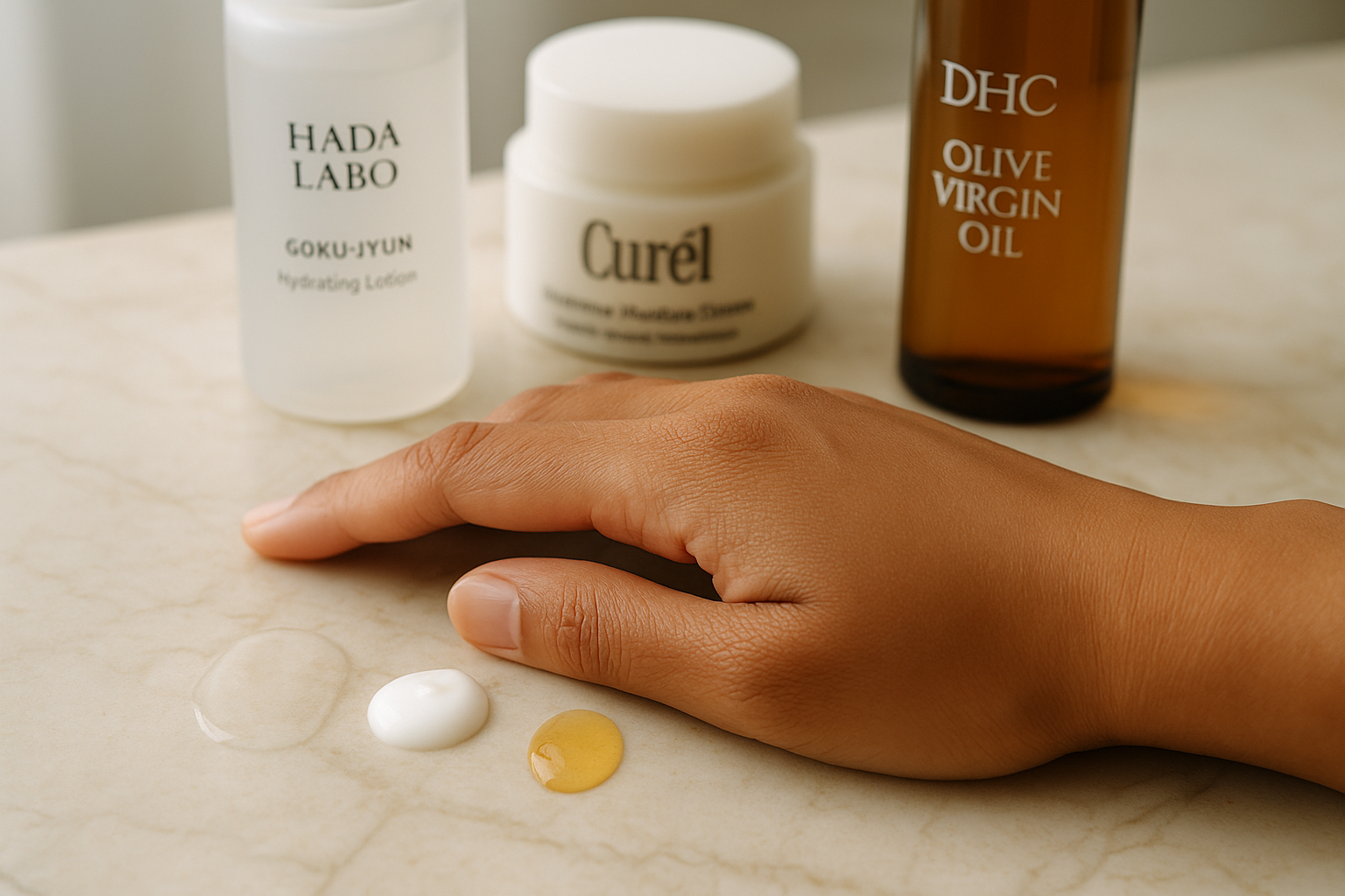 Close-up comparison of product textures and packaging to illustrate choosing the right formula for sensitive 40s skin