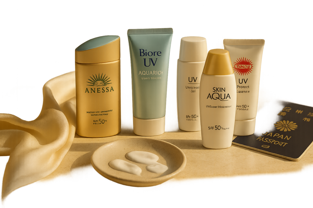 Elegant still-life of six Japanese SPF50+ sunscreen bottles and tubes arranged on warm marble with soft morning light