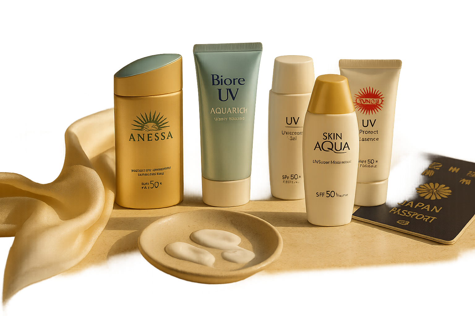Elegant still-life of six Japanese SPF50+ sunscreen bottles and tubes arranged on warm marble with soft morning light
