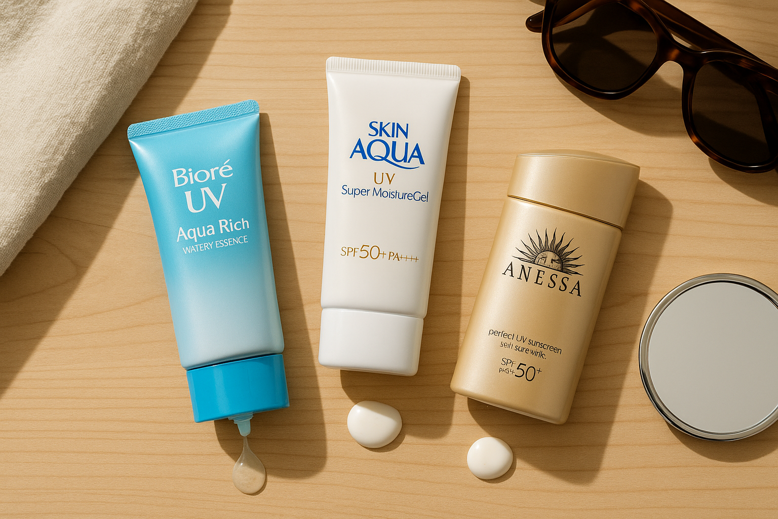 Flatlay of three opened sunscreen tubes showing different textures beside morning skincare items