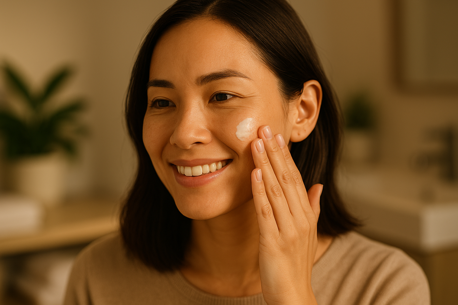 Portrait of a smiling woman applying sunscreen to her cheek with a warm, sunlit background