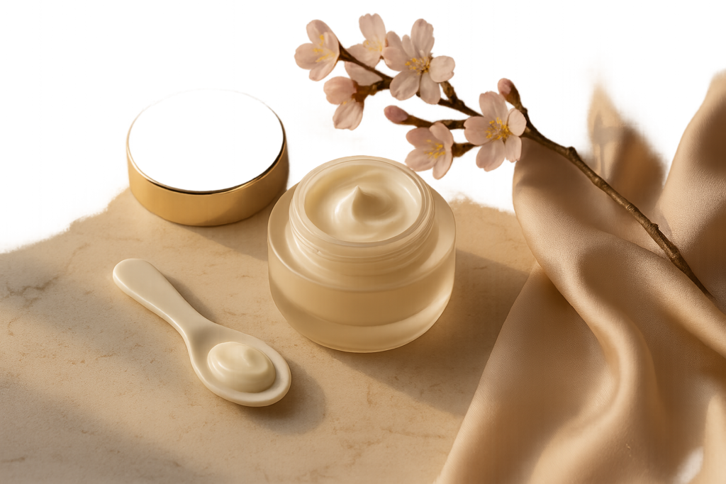 Still life of luxury Japanese moisturizers and a silky cream texture evoking deep hydration without heaviness