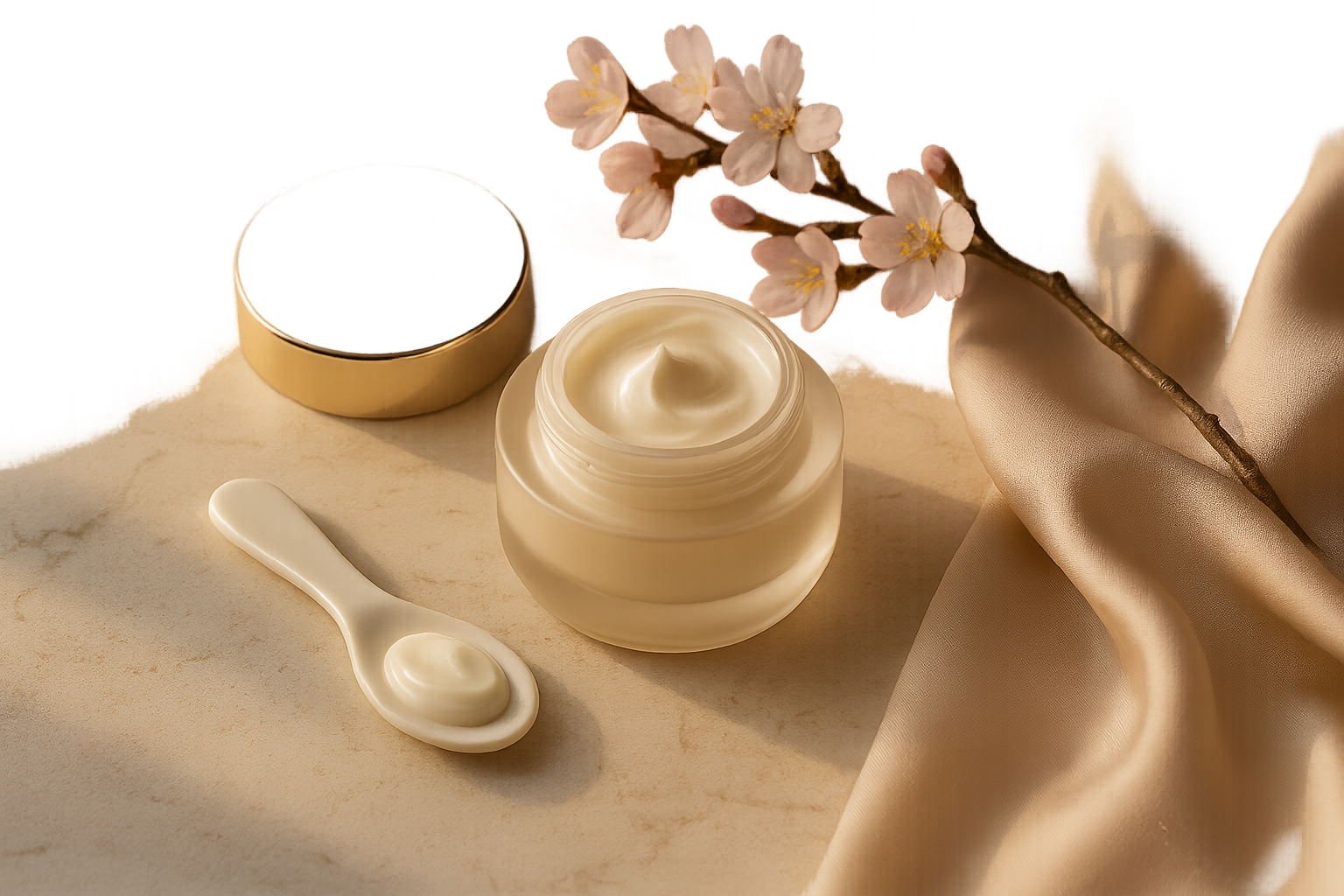Still life of luxury Japanese moisturizers and a silky cream texture evoking deep hydration without heaviness