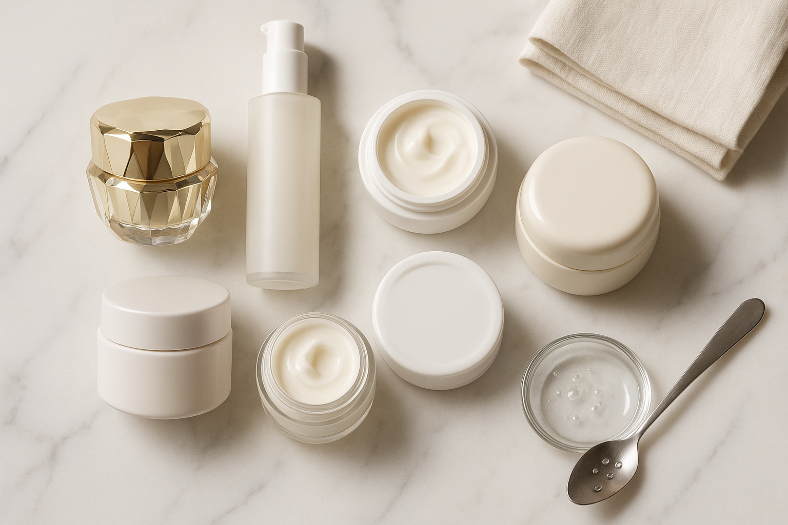 Flat-lay of five unlabeled luxury cream jars and a slim pump bottle representing the top picks