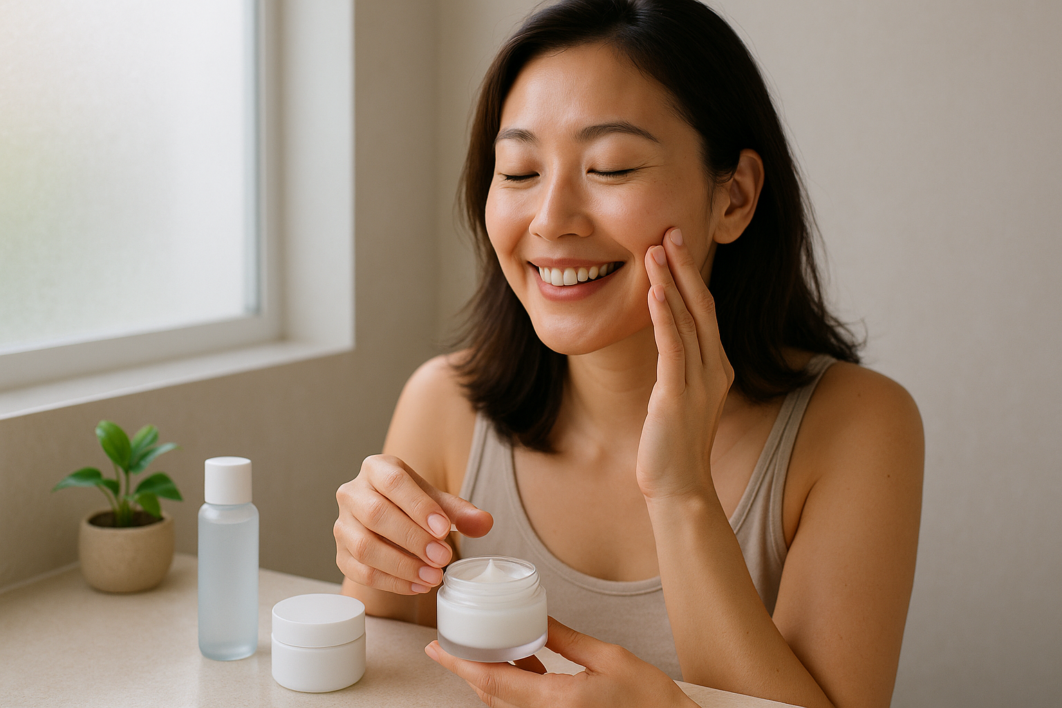 A smiling woman applying a lightweight moisturizer to her face in a minimalist bathroom