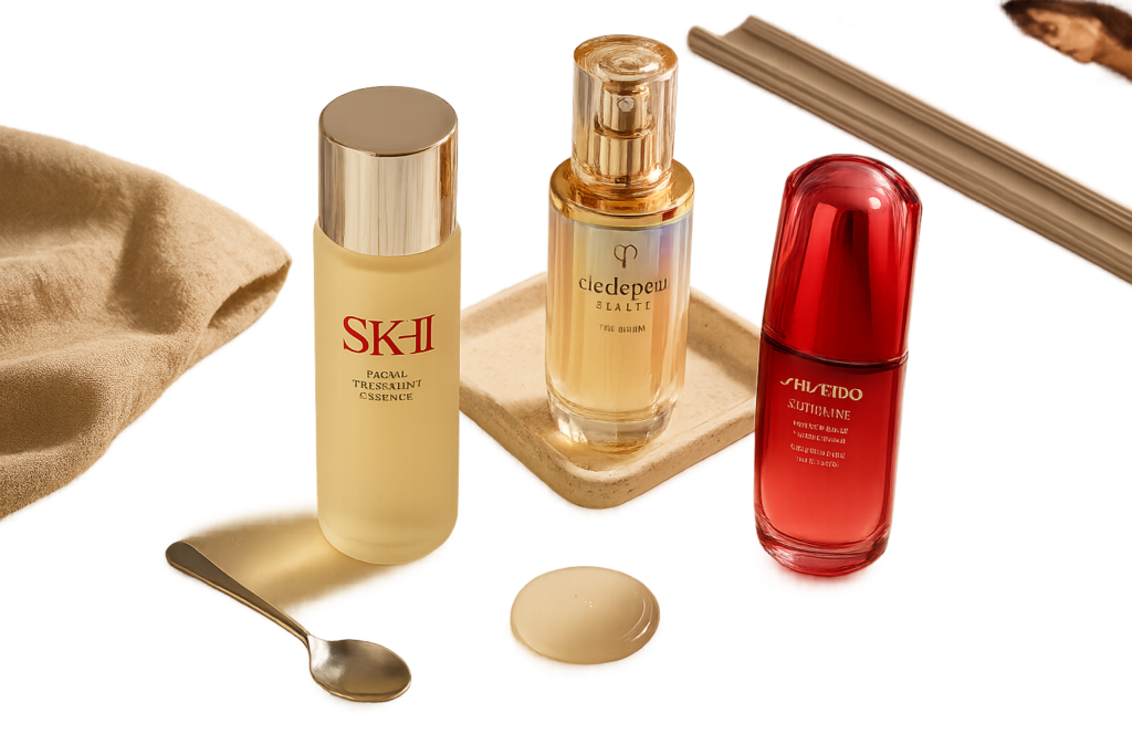 Elegant flatlay of luxury Japanese skincare bottles including a visible SK-II Facial Treatment Essence bottle, Shiseido Ultimune, Clé de Peau serum bottle and neutral accessories on a marble surface