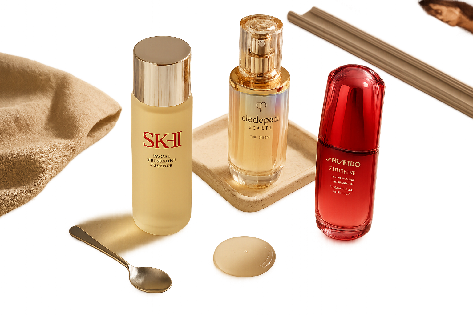 Elegant flatlay of luxury Japanese skincare bottles including a visible SK-II Facial Treatment Essence bottle, Shiseido Ultimune, Clé de Peau serum bottle and neutral accessories on a marble surface