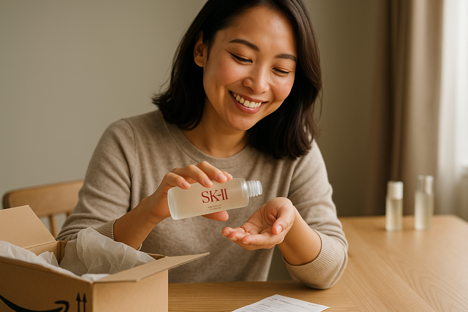Close-up of SK-II Facial Treatment Essence being gently patted into a woman's hand beside an open Amazon package on a wooden table