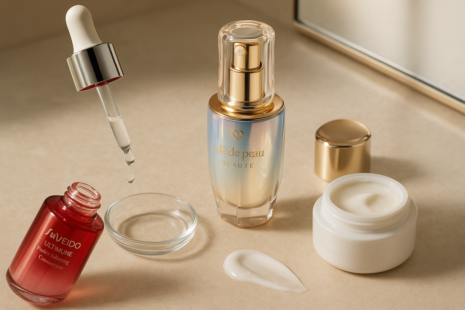 Morning vanity scene with Shiseido Ultimune serum dropper and Clé de Peau Beauté The Serum next to KOSÉ Sekkisei Emulsion jar with textured cream swatch