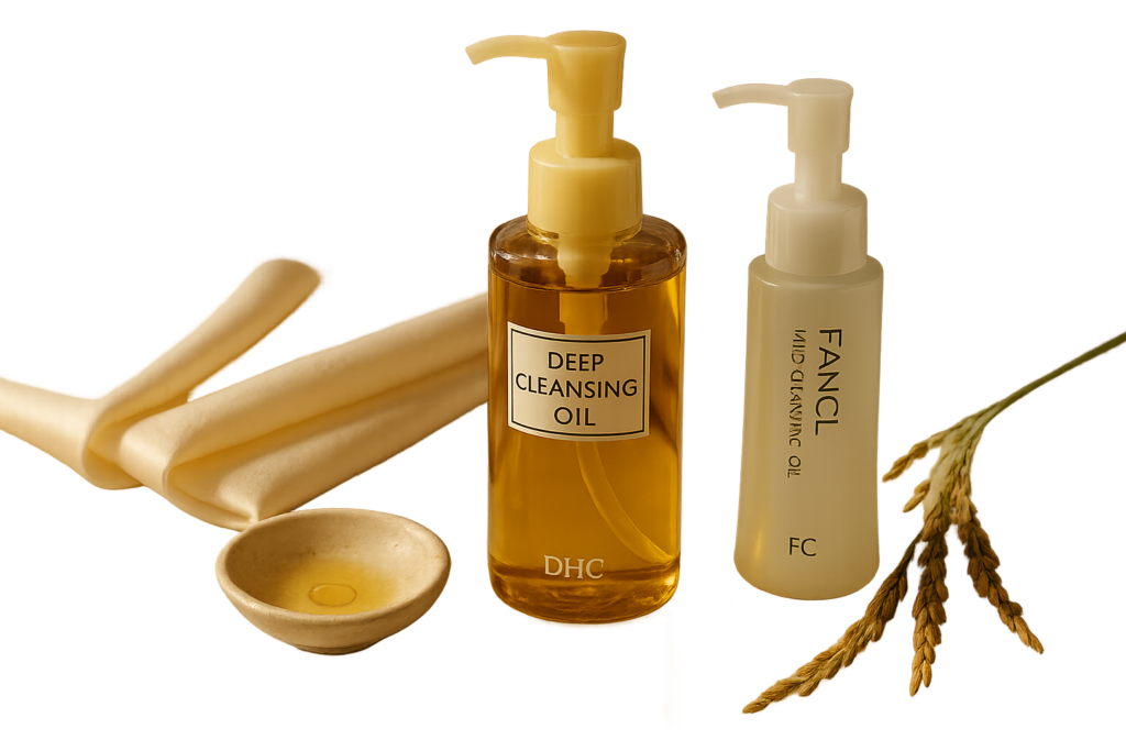 Luxurious still-life of Japanese cleansers for mature skin including DHC Deep Cleansing Oil bottle on a soft marble surface with silk towel and a small bowl of olive oil, morning light