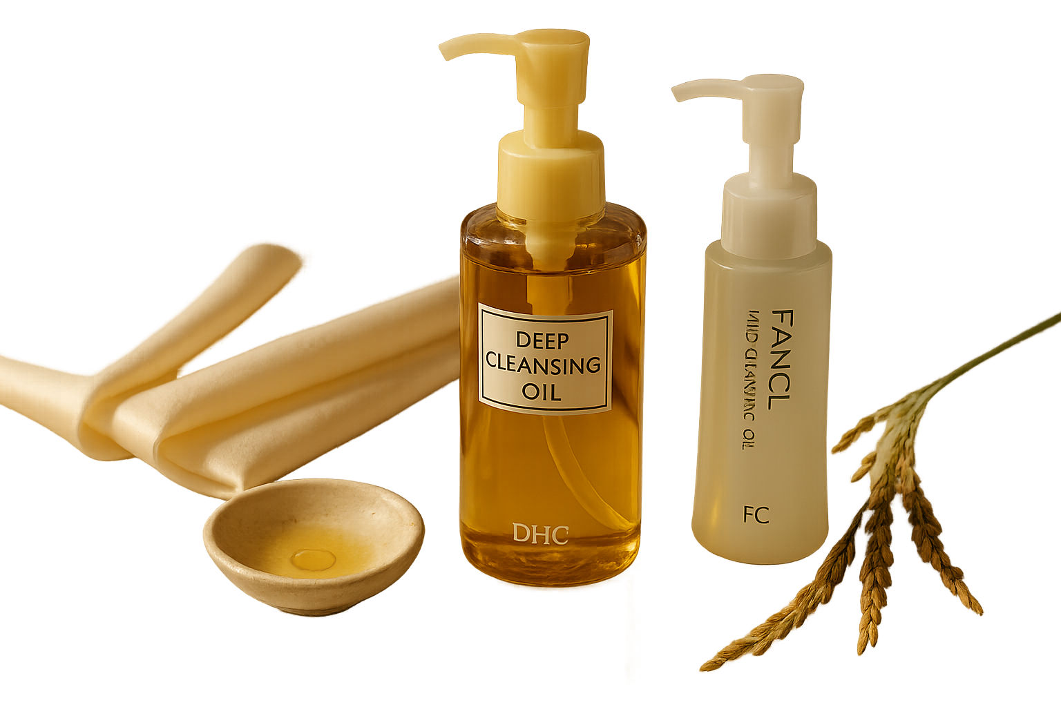 Luxurious still-life of Japanese cleansers for mature skin including DHC Deep Cleansing Oil bottle on a soft marble surface with silk towel and a small bowl of olive oil, morning light