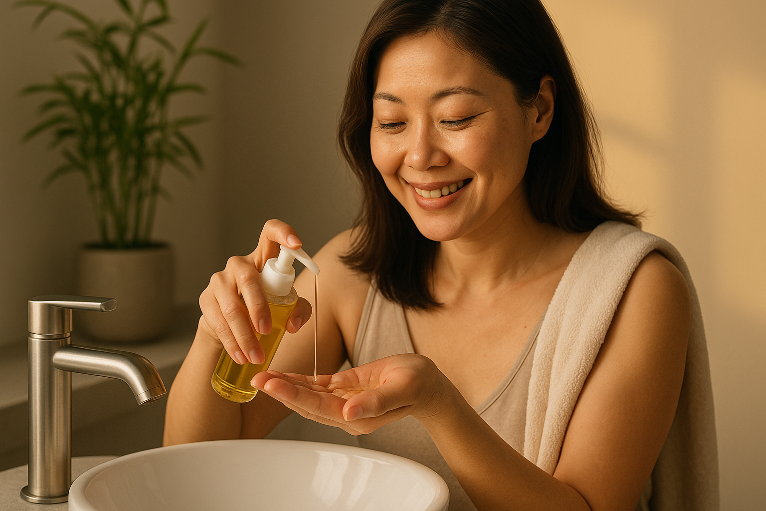 Mid-shot of a smiling Asian woman in her early 40s using a few drops of cleansing oil on dry hands in a sunlight bathroom