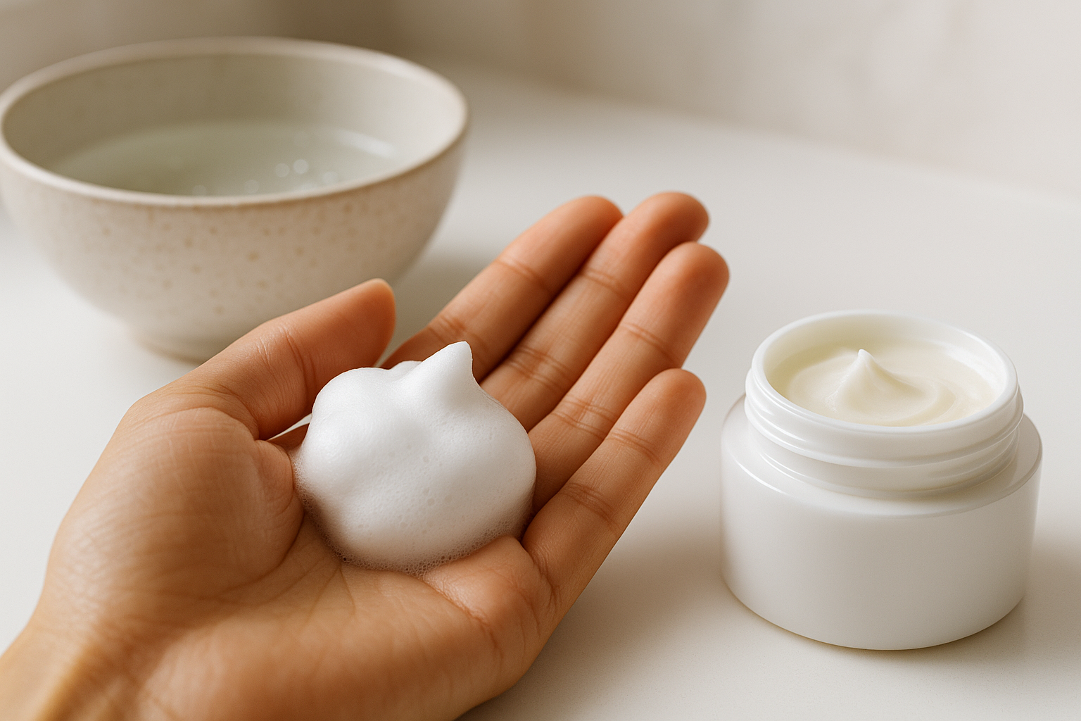 Close-up texture shot of rich foam from Hada Labo Gokujyun on fingertips beside an open jar of cream and a simple ceramic bowl