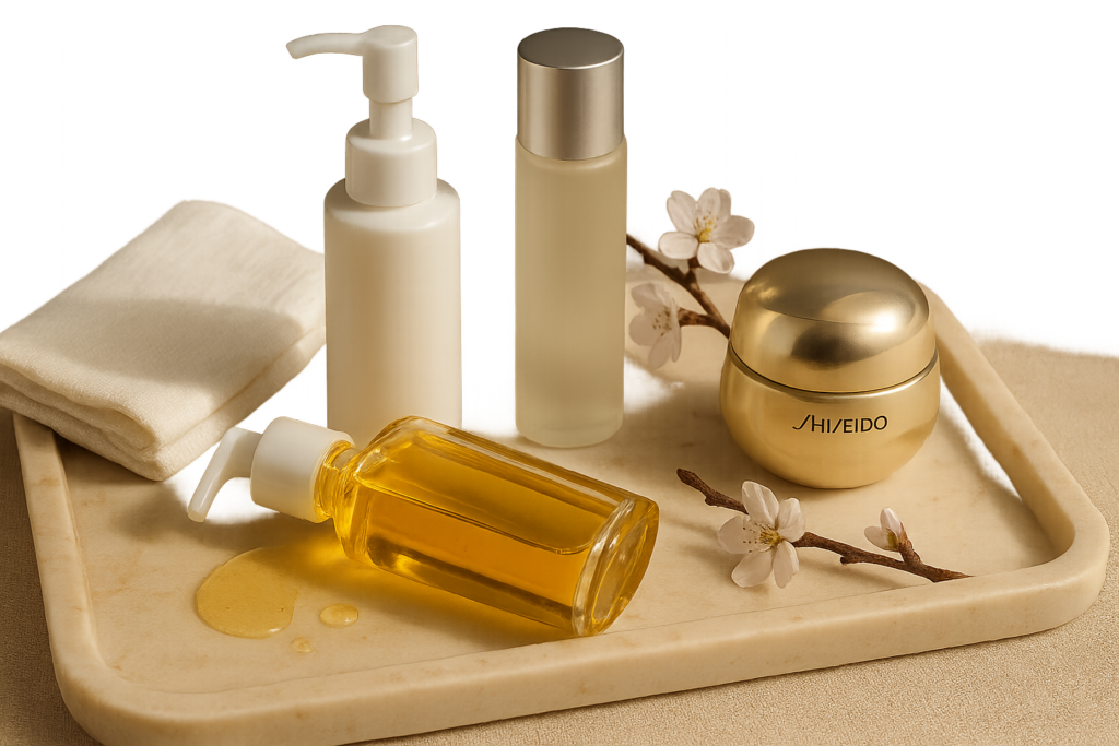 Elegant still life of J‑Beauty routine products on marble with soft morning light, including a small white Hada Labo bottle, a clear bottle with golden oil, a frosted essence bottle and a cream jar