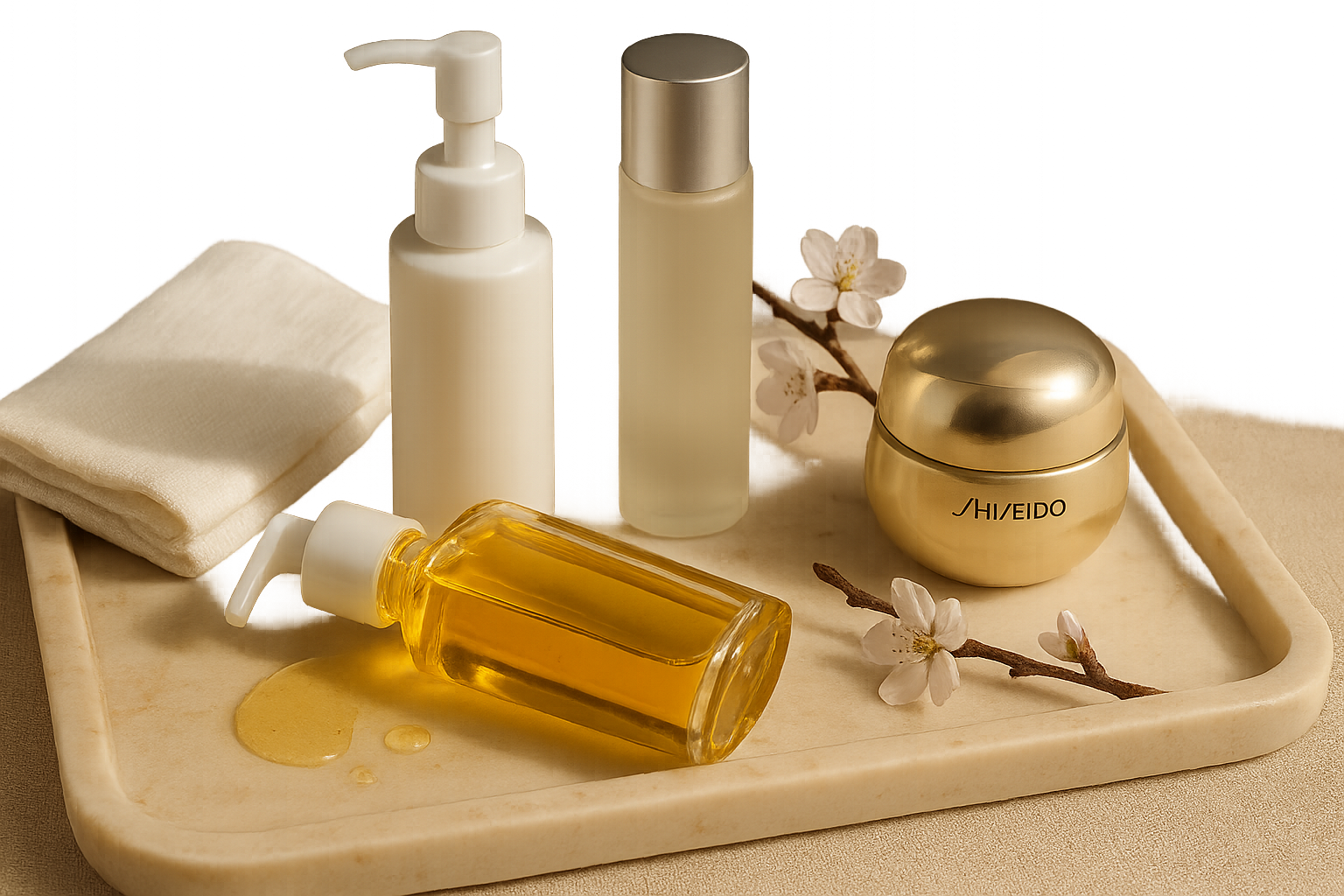 Elegant still life of J‑Beauty routine products on marble with soft morning light, including a small white Hada Labo bottle, a clear bottle with golden oil, a frosted essence bottle and a cream jar