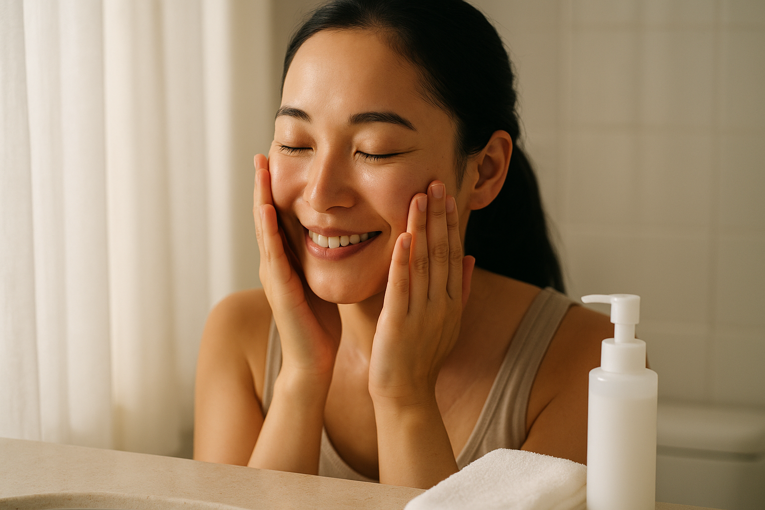Woman gently patting hydrating lotion into her face in a bright bathroom, demonstrating layering after cleansing