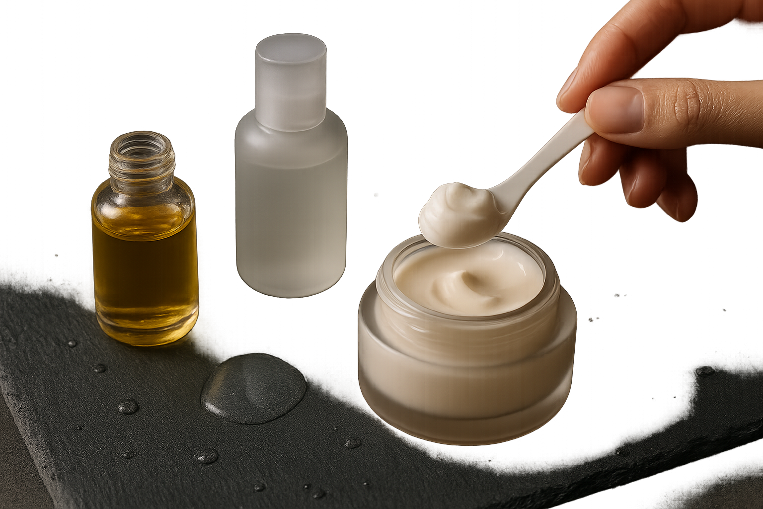 Close comparative still life of three J‑Beauty product bottles—cleansing oil, essence, and cream—on slate showing different textures