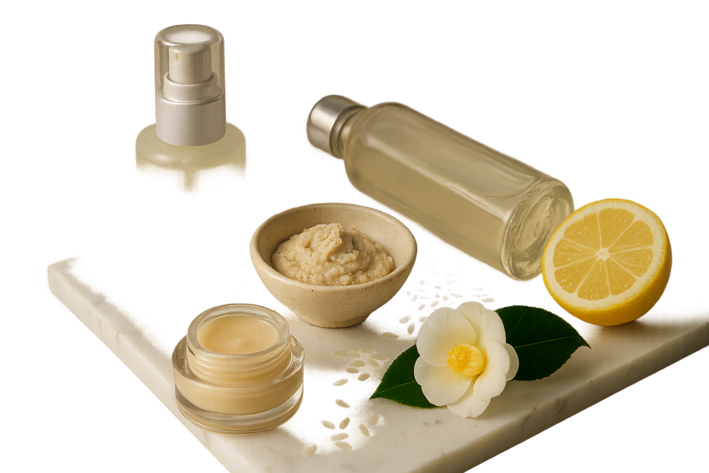 Three elegant essence and lotion bottles on marble with rice grains, camellia flower and a small sake lees bowl — illustrating hidden Japanese skincare ingredients