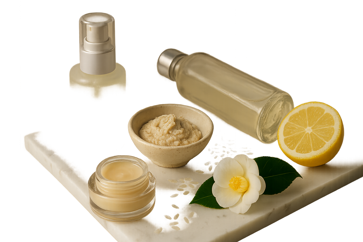 Three elegant essence and lotion bottles on marble with rice grains, camellia flower and a small sake lees bowl — illustrating hidden Japanese skincare ingredients