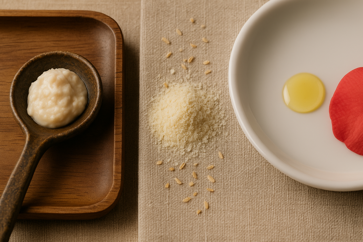 Close-up textures: sake lees in a ceramic spoon, rice bran powder, camellia oil drop on porcelain