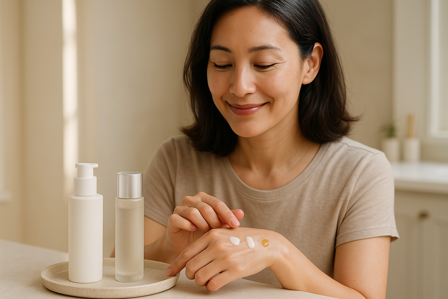 Woman in her 40s comparing three essences on a vanity, testing texture on the back of her hand with a warm smile
