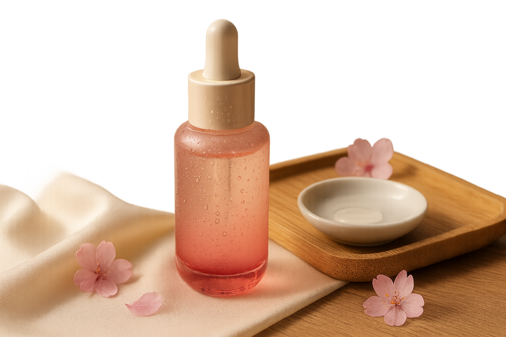 Still life of a luxury Japanese serum ritual: elegant pink glass serum bottle on silk with sakura petals and bamboo tray