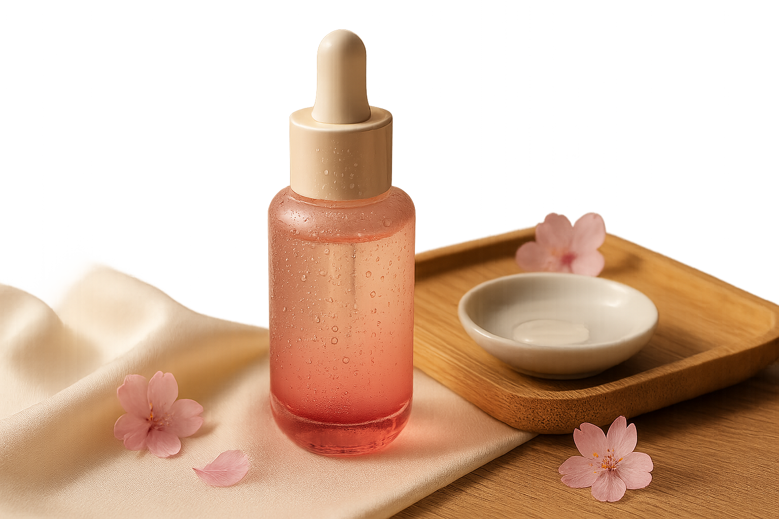 Still life of a luxury Japanese serum ritual: elegant pink glass serum bottle on silk with sakura petals and bamboo tray