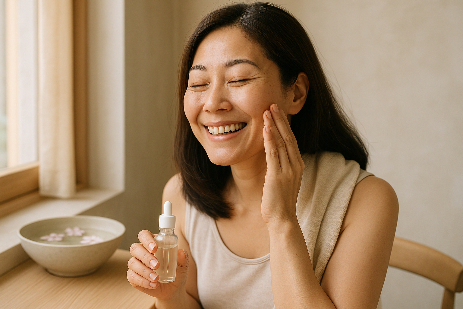 Woman in her 40s gently patting serum into her cheek in a minimalist Japanese bathroom
