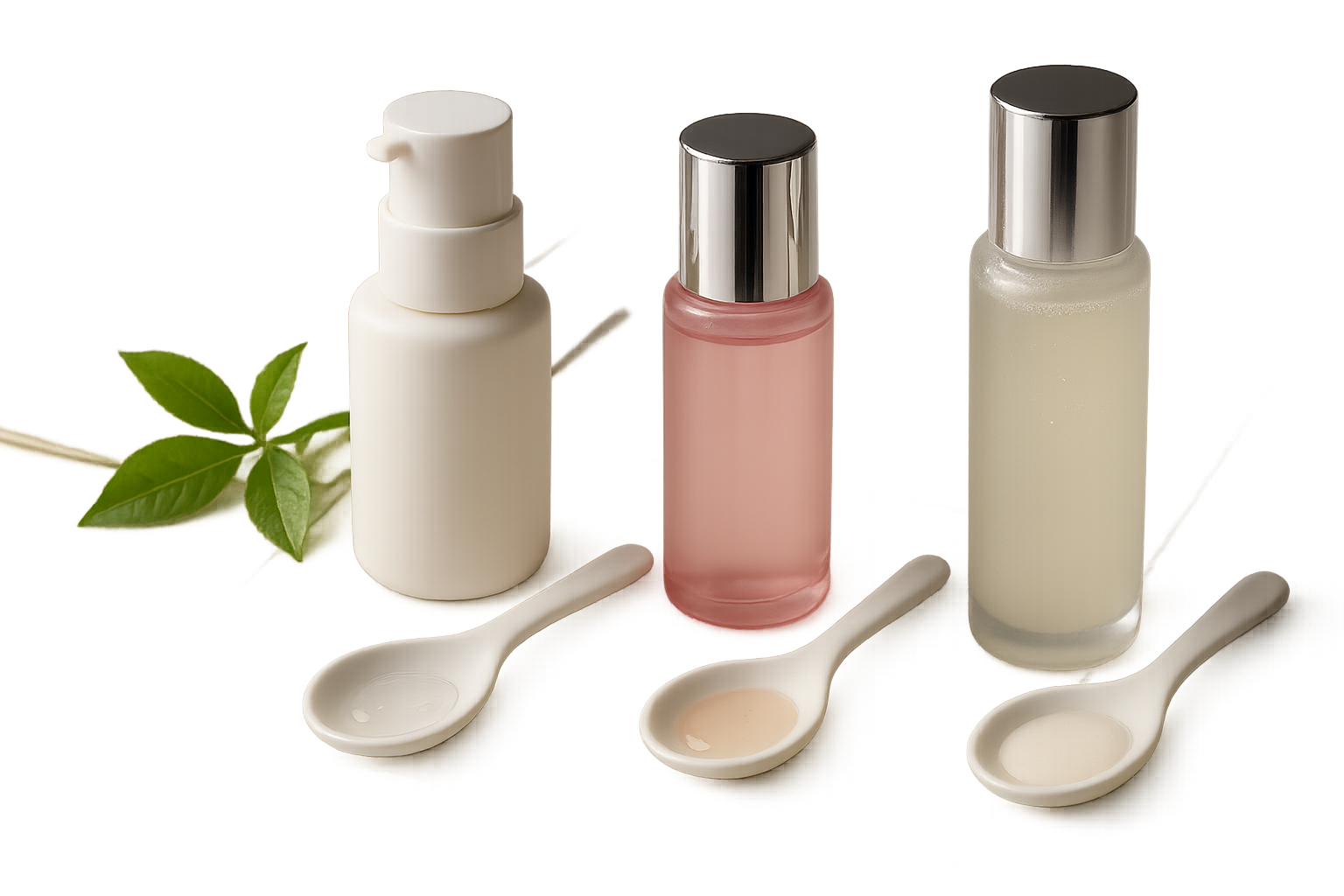 Three distinct serum bottles and texture swatches on porcelain, left-to-right hydrating, resilience, brightening