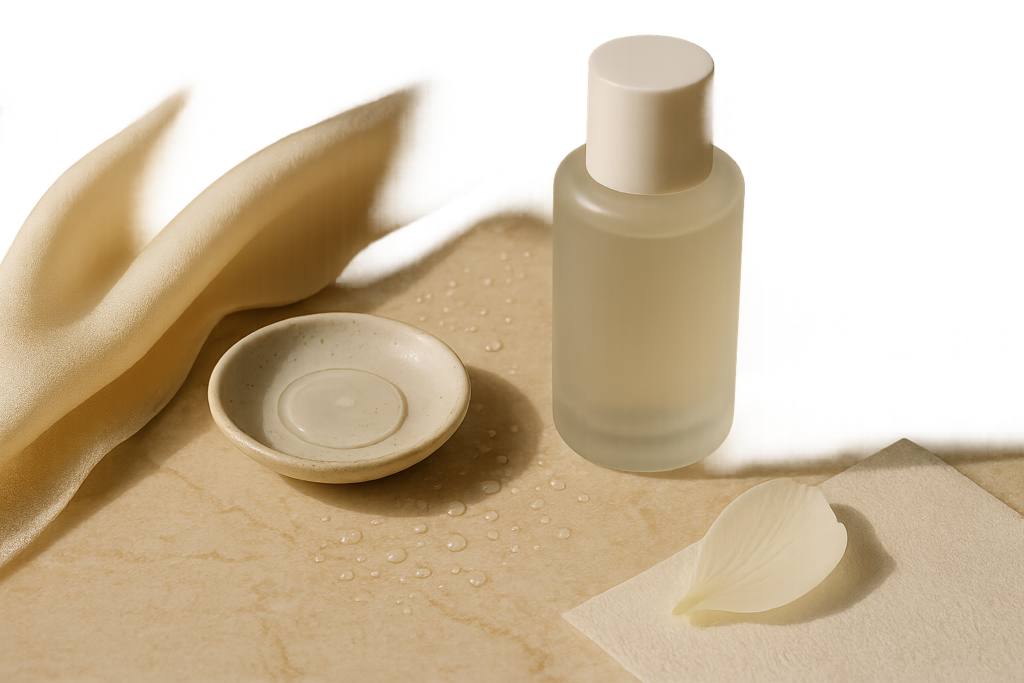 Elegant flatlay of a minimalist Japanese serum bottle with soft textures evoking hydration for sensitive skin in your 40s