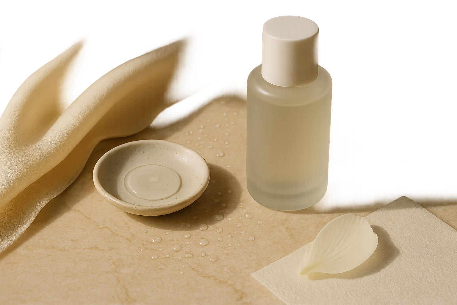 Elegant flatlay of a minimalist Japanese serum bottle with soft textures evoking hydration for sensitive skin in your 40s