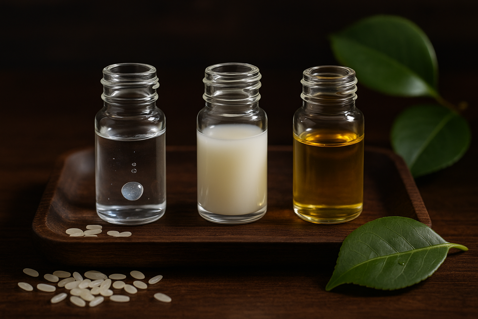 Three small glass vials showing different serum textures with botanical ingredients nearby