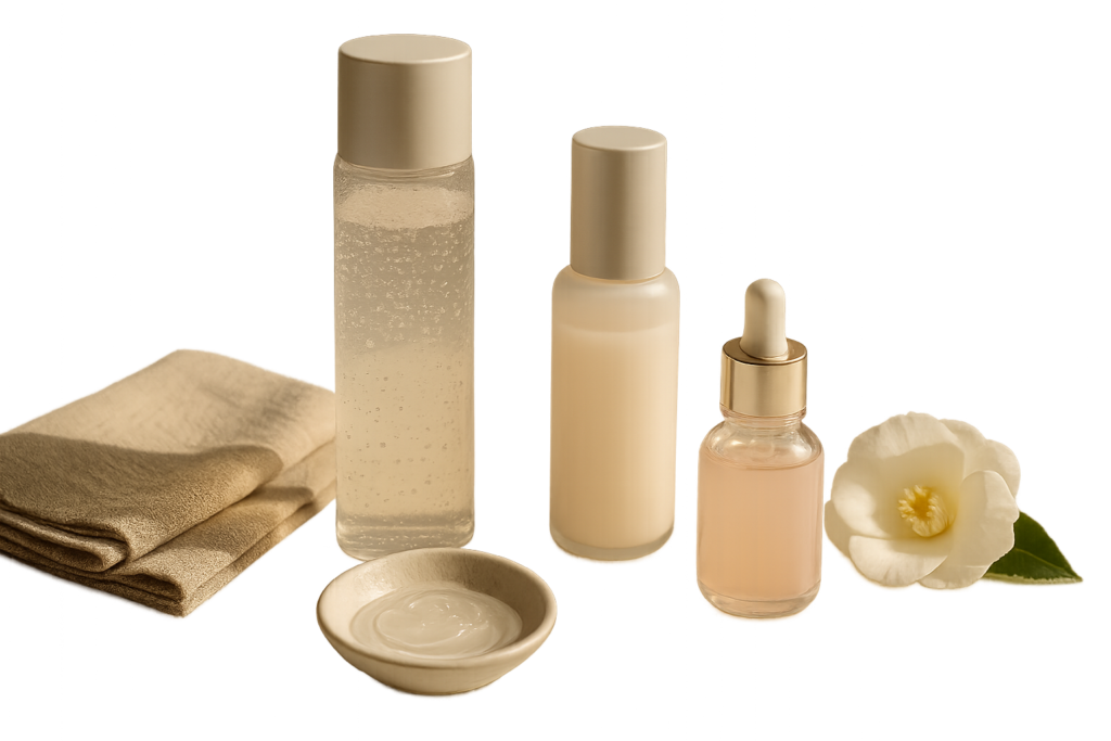 Elegant flatlay of three premium Japanese skincare bottles with water droplets and silk, suggesting prevention-first anti-aging ritual
