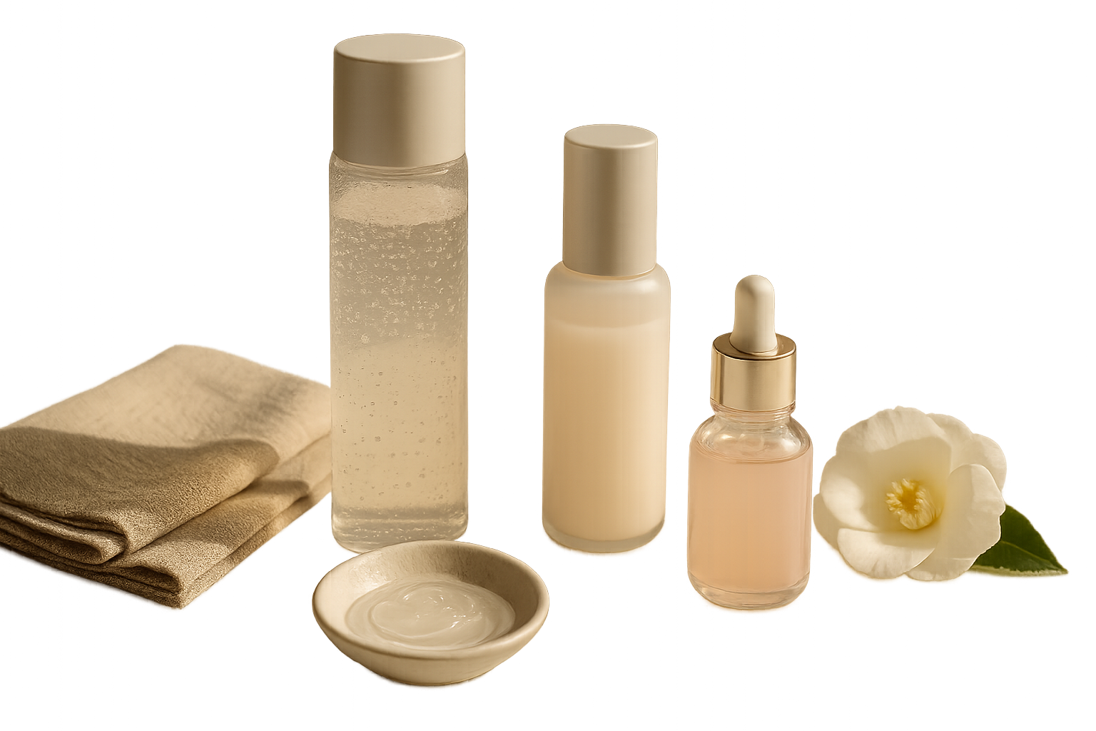 Elegant flatlay of three premium Japanese skincare bottles with water droplets and silk, suggesting prevention-first anti-aging ritual