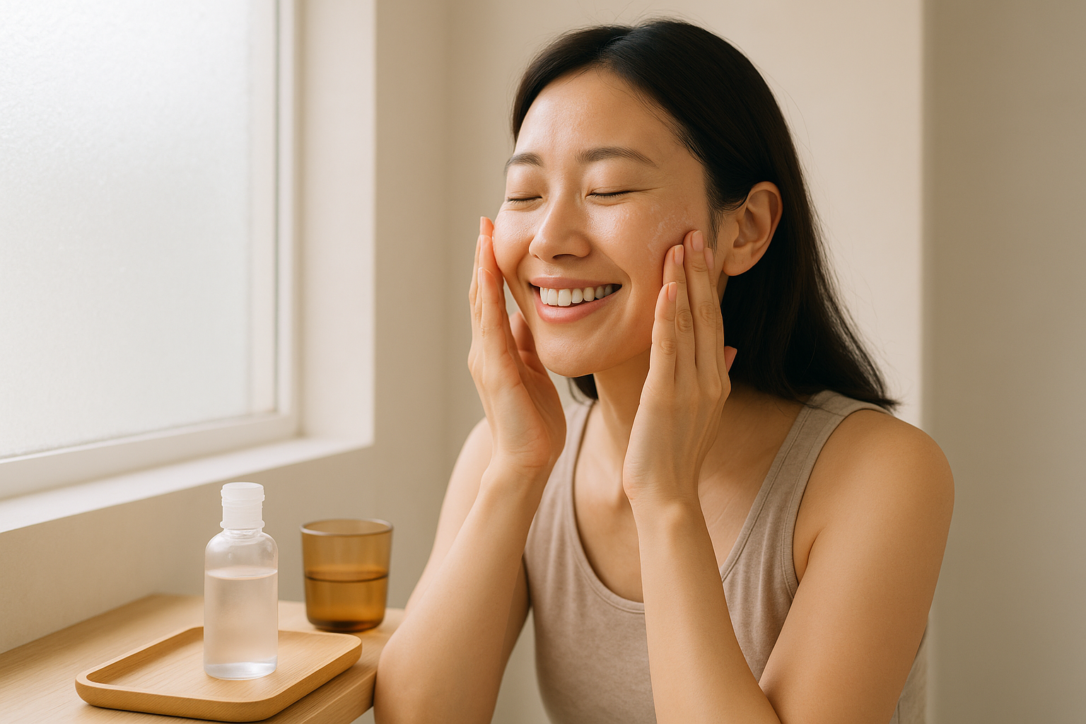 Smiling woman applying a watery lotion to her face beside a small bottle on a vanity in morning light