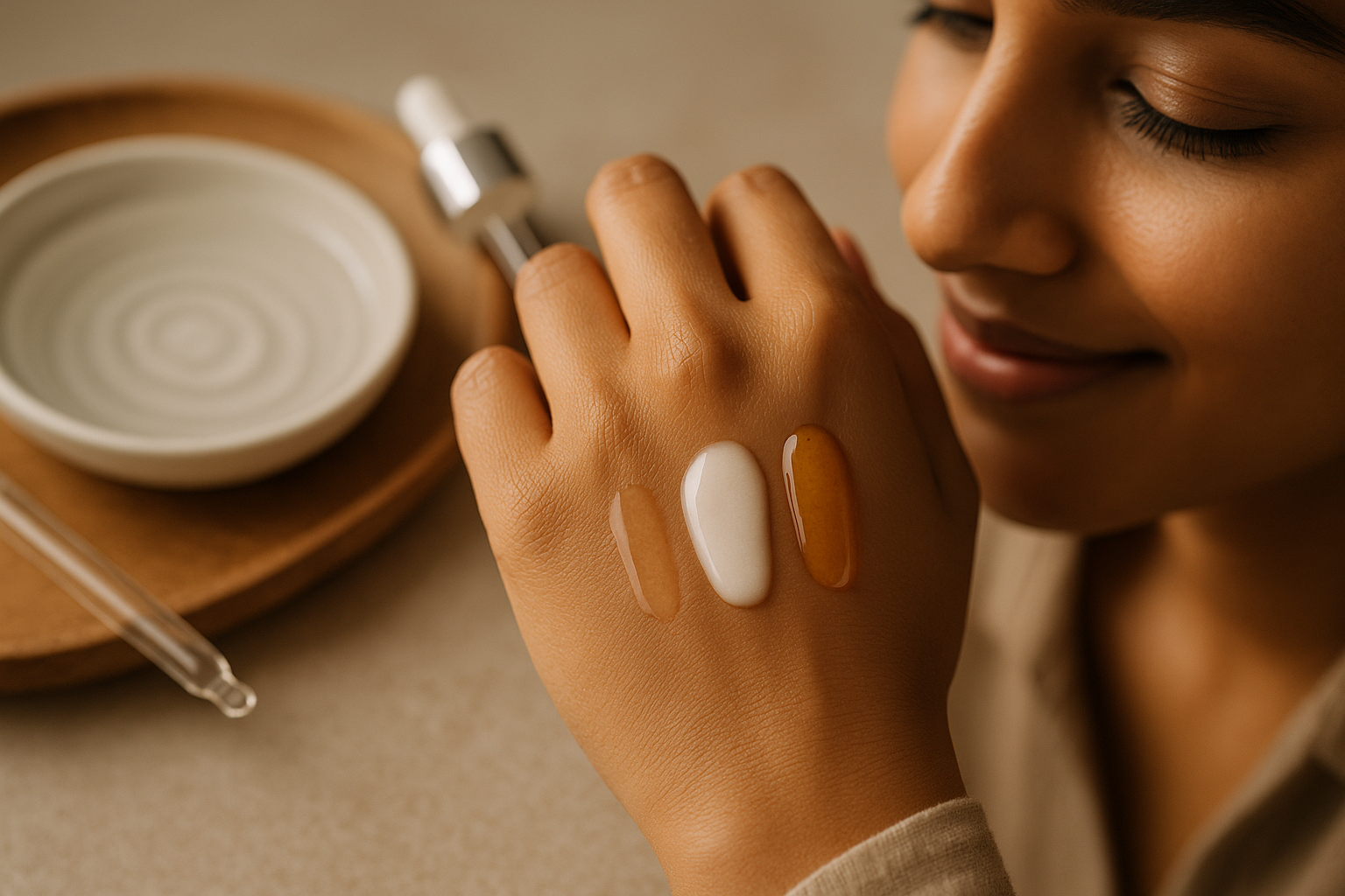 Close-up of three product textures on the back of a hand: watery lotion, pearlescent essence, and lightweight serum droplets