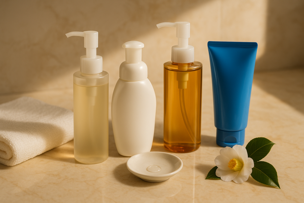 Elegant still life of four Japanese-style cleanser bottles and soft towels on marble, evoking gentle cleansing for sensitive skin in the 40s